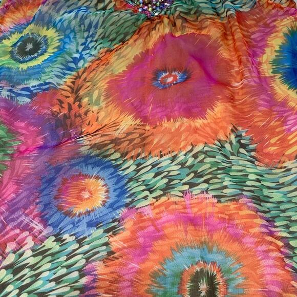 Alexandra Rosati Dress Tie-Dye Rainbow Floral Gemstone Embellished V-Neck Medium - Picture 4 of 8